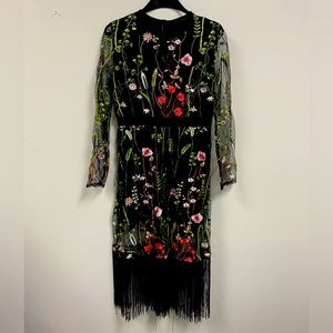 Black midi dress with rich floral embroidery